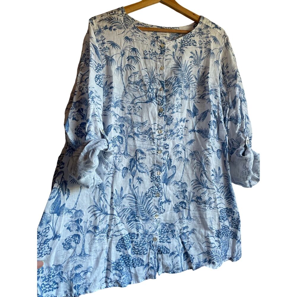 JOIE 100% Linen White + Blue Botanical Floral Tunic Top 1X Plus Size
